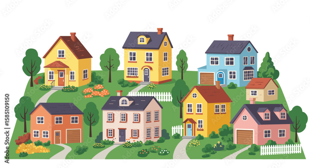 Naklejka premium Charming suburban neighborhood scene with colorful houses and lush gardens