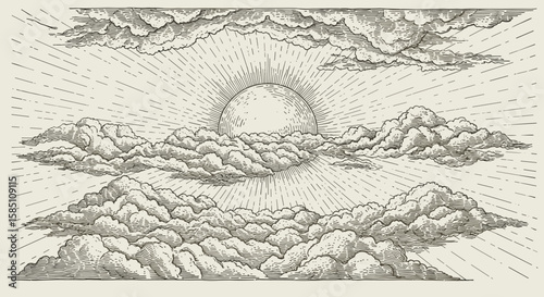Vintage sunrise with clouds in hand-drawn style