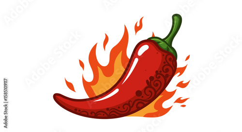 Fiery red chili pepper with flames and ornamental pattern