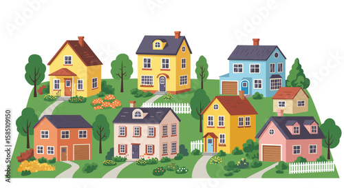 Charming suburban neighborhood scene with colorful houses and lush gardens