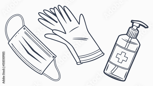 Illustration of a mask, gloves, and hand sanitizer for hygiene and protection.