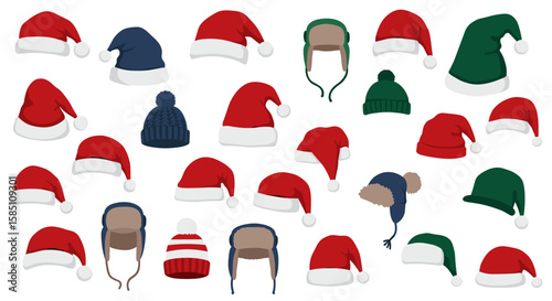 Collection of festive winter hats with santa styles in flat design