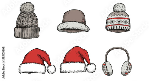 Winter headwear collection: cozy hats, beanies, and earmuffs in detailed sketch
