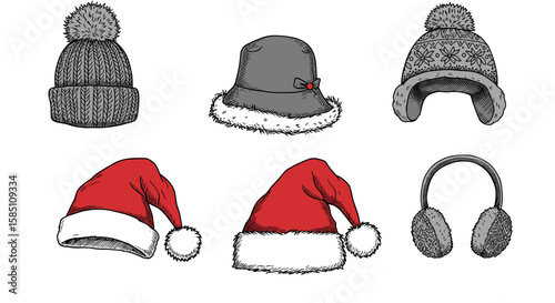 Winter hat collection: beanies, santa hats, and earmuffs in hand-drawn style