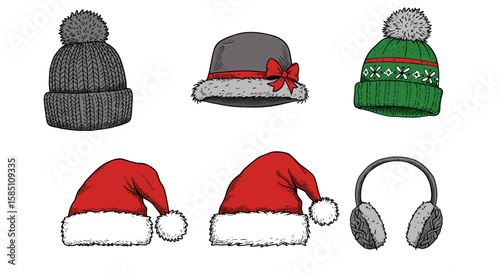 Cozy winter headwear collection: knit hats, santa caps, warm earmuffs