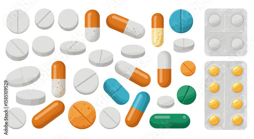 Diverse collection of colorful medical pills and capsules on white background