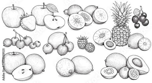 Hand-drawn sketch of various fruits including apples, pineapple, berries, and more