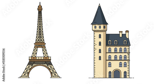 Paris landmarks illustration featuring eiffel tower and historic french architecture