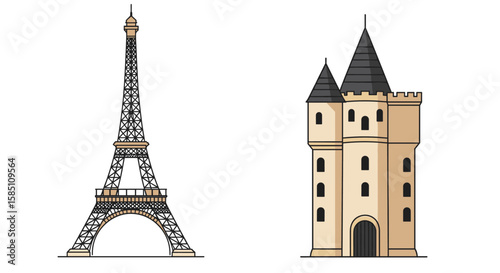 Iconic global landmarks: eiffel tower and castle tower illustration