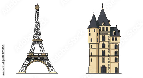 Eiffel tower and historic building design showcasing architectural landmarks