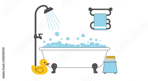 Minimalist bathroom scene with bathtub, duck, and towel