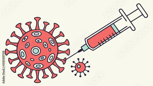 Illustration of a syringe injecting a vaccine into a virus particle, symbolizing disease prevention and treatment.