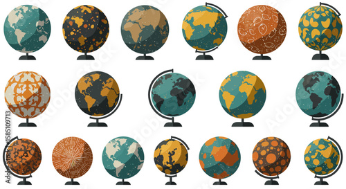 Diverse artistic globes with unique patterns on stands in earth tones
