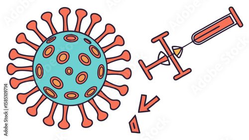Stylized illustration of a coronavirus particle next to a syringe injecting a substance, symbolizing vaccine or treatment against the virus.