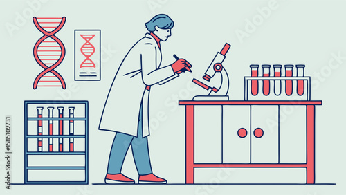 A scientist in a lab coat is examining a sample under a microscope, conducting research.