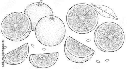 Hand drawn citrus fruits with sliced oranges and grapefruit in black and white