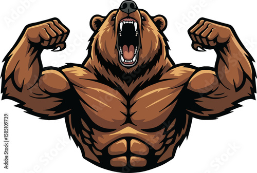 A powerful, muscular brown bear flexes its biceps, roaring with aggression.