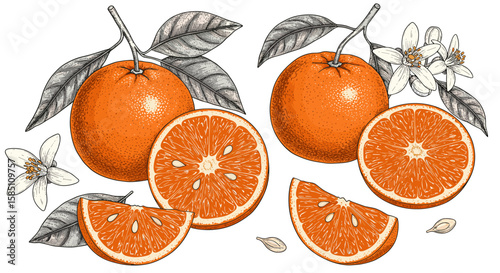 Detailed citrus fruits and blossoms with vintage botanical style