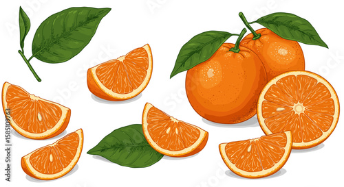 Fresh orange and leaf set with slices detail in realistic style