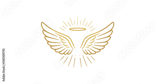 Elegant linear angel wings with halo on white background