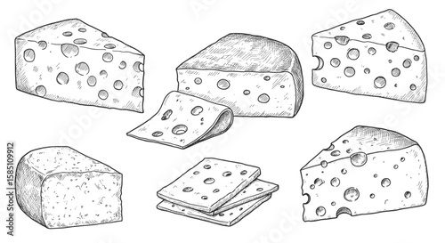Vintage cheese collection: hand drawn sketches of various cheeses
