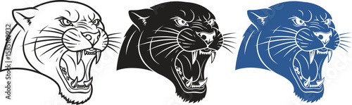 Roaring panthers showcase fierce expressions in a vector set with bold lines and captivating wildlife art, ideal for graphic design.