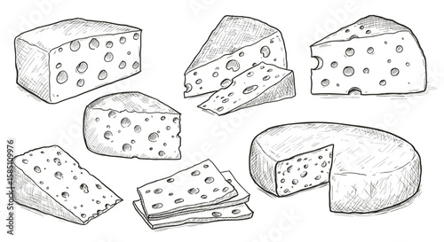 Hand-drawn cheese selection: detailed sketches of various cheese types