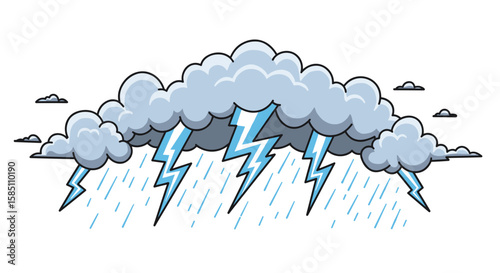 Stormy clouds with rain and lightning illustration in cartoon style