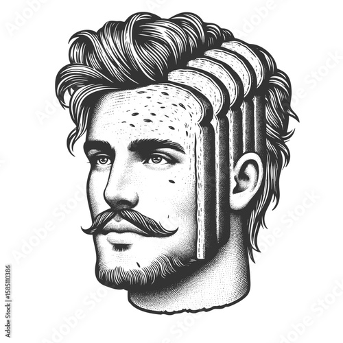 man head and face made entirely of sliced bread pieces sketch engraving generative ai fictional character vector illustration. Scratch board imitation. Black and white image.