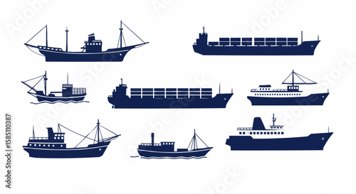 Silhouettes of various types of ships and boats against a plain background.