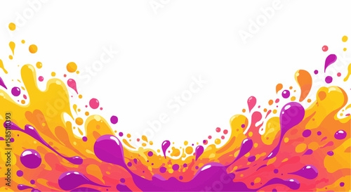 Vibrant purple and orange paint splashes create a dynamic, curved border against a white background.