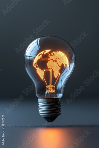 Futuristic light bulb with glowing world map symbolizes global innovation and digital energy connections