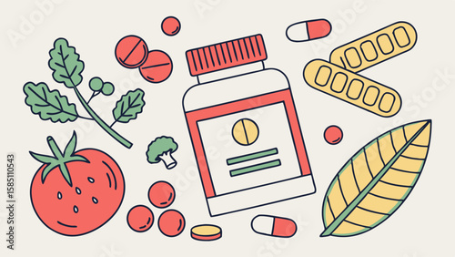 Illustration of various pills, supplements, and healthy food items, promoting wellness and nutrition.