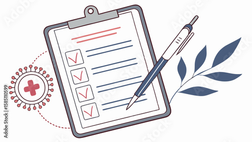 Checklist on a clipboard with a pen, virus graphic, and leaves.