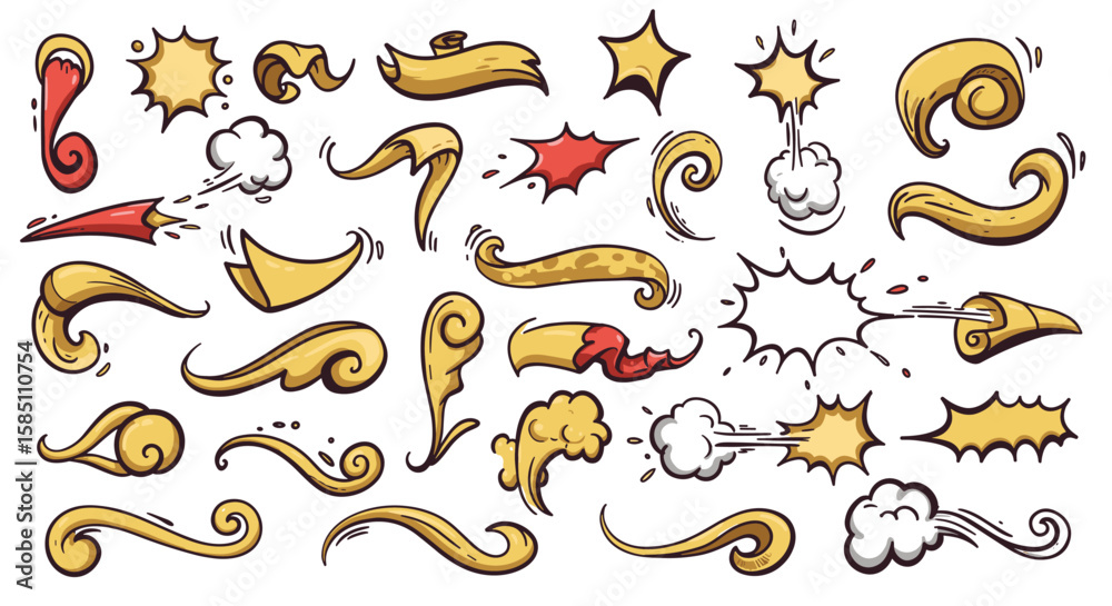 Cartoon comic elements collection with bursts and swirls for dynamic designs