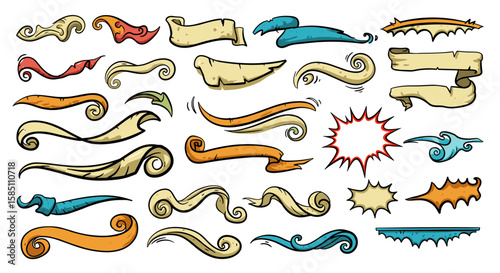 Colorful cartoon comic style decorative scrolls and speech bubbles