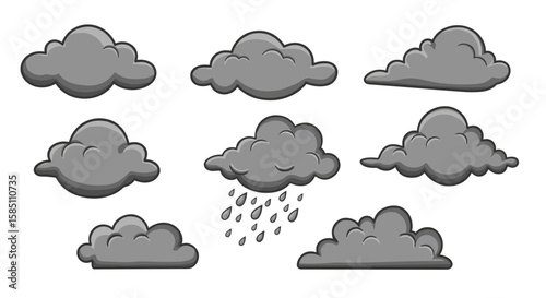 Cartoon clouds set with raindrops in playful style
