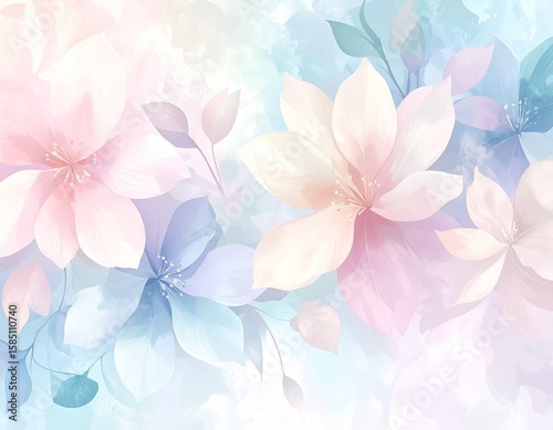 Textured floral background illustration, delicate watercolor washes, subtle embossed details, soft focus, natural lighting, full HD.