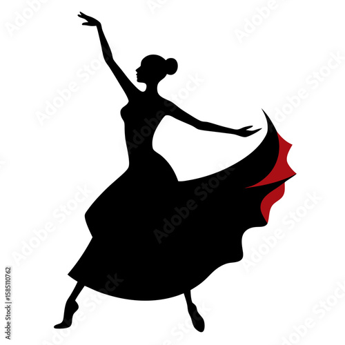 Elegant flamenco dancer silhouette with arms raised in a dynamic pose isolated on white background