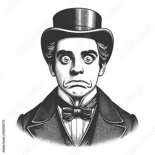 surprised Victorian gentleman with wide eyes and formal attire, expressing shock or disbelief sketch engraving generative ai fictional character vector illustration. Scratch board. Black and white.