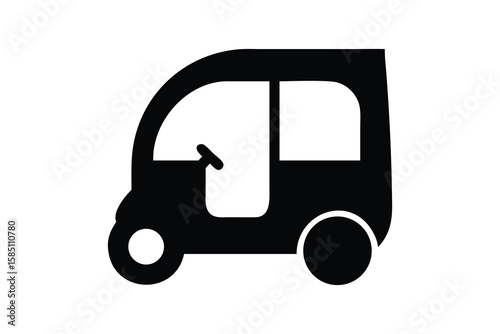Silhouette of a three-wheeled auto rickshaw, featuring a rounded roof, enclosed driver area, and two distinct wheels at the back. The design is simplistic and bold, rendered entirely in black.