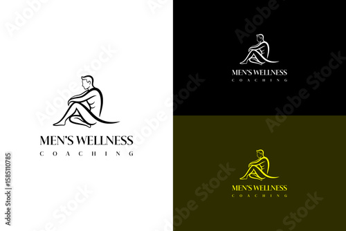 illustration of seated man with arms resting on knees, vector logo for male support, men's emotional health, masculine wellness, male therapy, self improvement, men's wellness coaching, and more