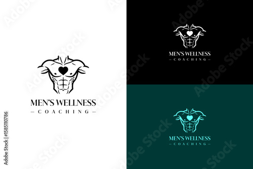 illustration of muscular upper body male torso with heart, vector logo for bodybuilding, weightlifting, gym, men's support, male therapy, emotional health, men's wellness coaching, and more