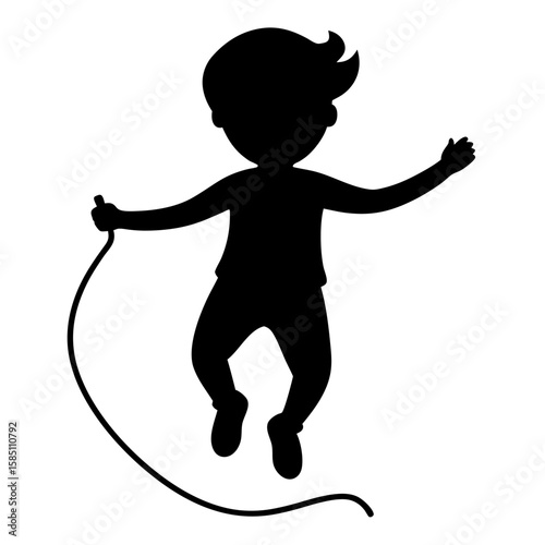 Silhouette of a happy child jumping rope isolated on white background