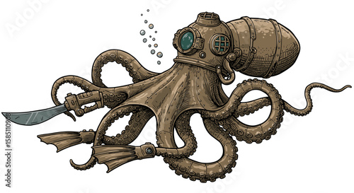 Steampunk octopus diver with diving helmet and knife