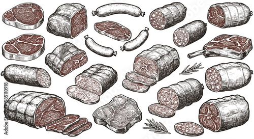Vintage engravings of various meat cuts and sausages on white background