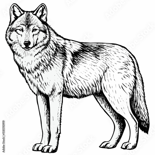 Hand Drawn Wolf Illustration – Detailed Wild Animal Black and White Sketch