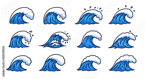 Set of cartoon style ocean waves icons with splashing crests