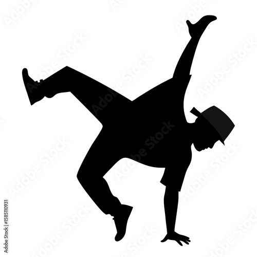 Dynamic silhouette of a breakdancer performing a headspin isolated on white background