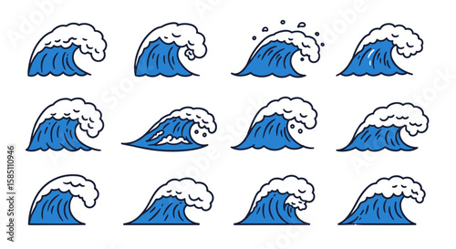 Collection of blue ocean waves set in cartoon style